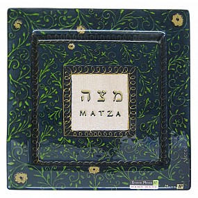 Glass Floral Design Matzah Plate - green