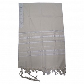 Wool Tallit - White and Silver Stripes