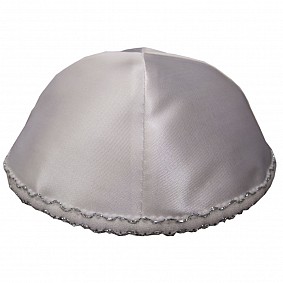 White Satin Kippah with four sections and lace trim