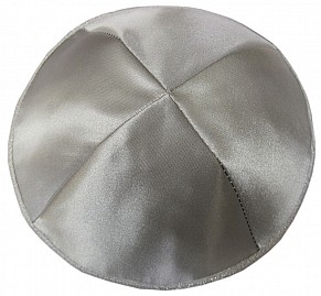 Grey Satin Kippah with four sections and Silver trim