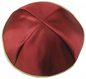 Red Satin Kippah with Four sections and Gold Rim