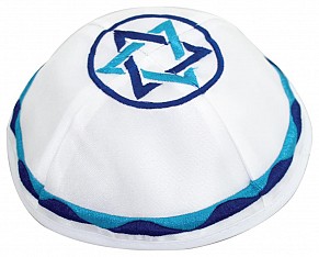 White Satin Kippah with Star of David embroidery in blue colours