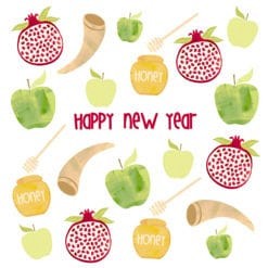 Happy New Year Card (shofar, honey, pome) 