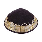 Black Velvet Kippah with Jerusalem Vista in Gold/Silver