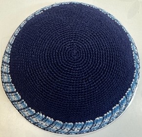 Blue navy knitted kippah 18cm with border  