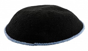Black Knitted Kippah - blue rim 18cm