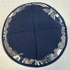 Navy linen kippah with silver Jerusalem border