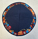 Navy linen kippah with Jerusalem border