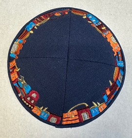 Navy linen kippah with Jerusalem border