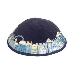 Blue Velvet Kippah with Jerusalem Vista in Blue