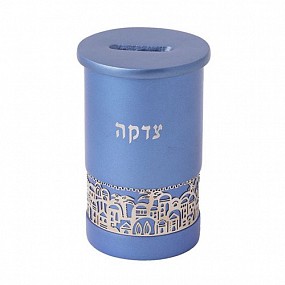 Blue Tzedaka box with Jerusalem vista
