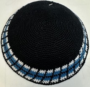 Black knitted kippah  16cm with blue border  