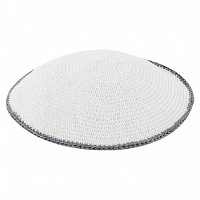 White knitted kippah/grey rim 15cm