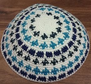 White with blues knitted kippa 12/13cm