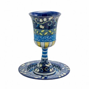 Hand painted blue kiddush cup + saucer