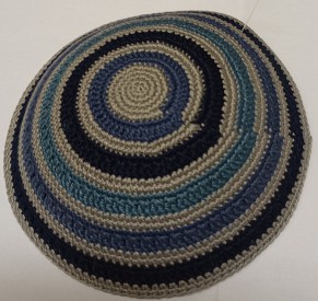 Blue/grey knitted kippah 15cm