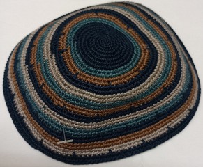 Blue/brown knitted kippah  16cm 