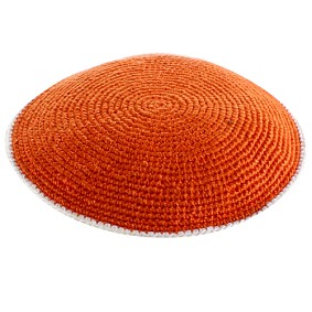 Knitted orange kippah with white rim