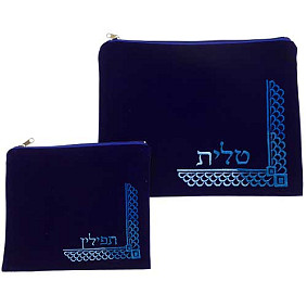 Light Blue Velvet Tallit bag Set corner embroidered