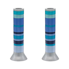 Long candlesticks matt/blue rings