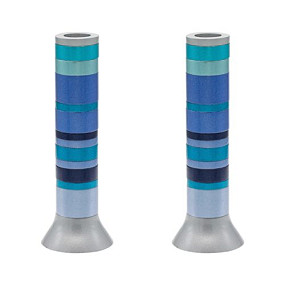 Long candlesticks matt/blue rings