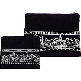 Blue Velvet Tallit and Tefillin Bag  with Jerusalem