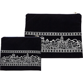 Blue Velvet Tallit and Tefillin Bag  with Jerusalem