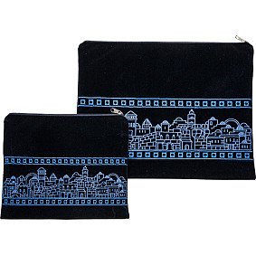 Blue Velvet Tallit and Tefillin Bag with Jerusalem