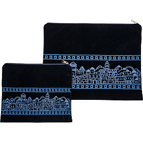 Blue Velvet Tallit and Tefillin Bag with Jerusalem