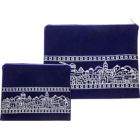 Blue Velvet Tallit and Tefillin Bag with  Jerusalem