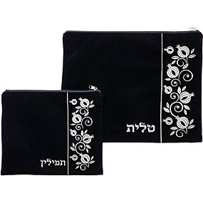 Dark Blue Velvet Tallit and Tefillin Bag/pomegranates