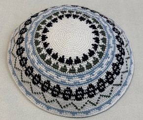 White/blue knitted kippah  19cm