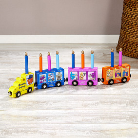 My play wood train menorah