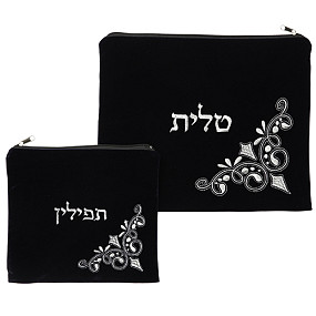 Blue  Velvet Tallit bag Set corner  embroidered