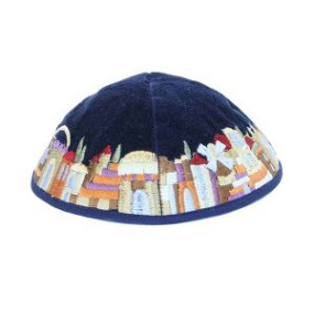 Blue Velvet Kippah with Jerusalem Vista in multicolor