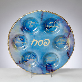 Glass Seder plate blue marble with gold accents